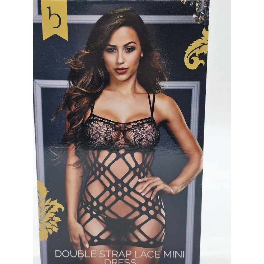 Baci Lingerie Women's Queen Size 14-18 Black Sheer Double Strap Lace Mini Dress